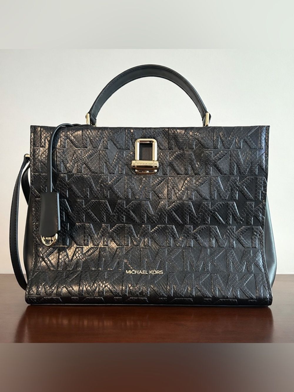 Michael Kors Penelope Large Satchel Black Snake Embossed MK Logo NWT $498